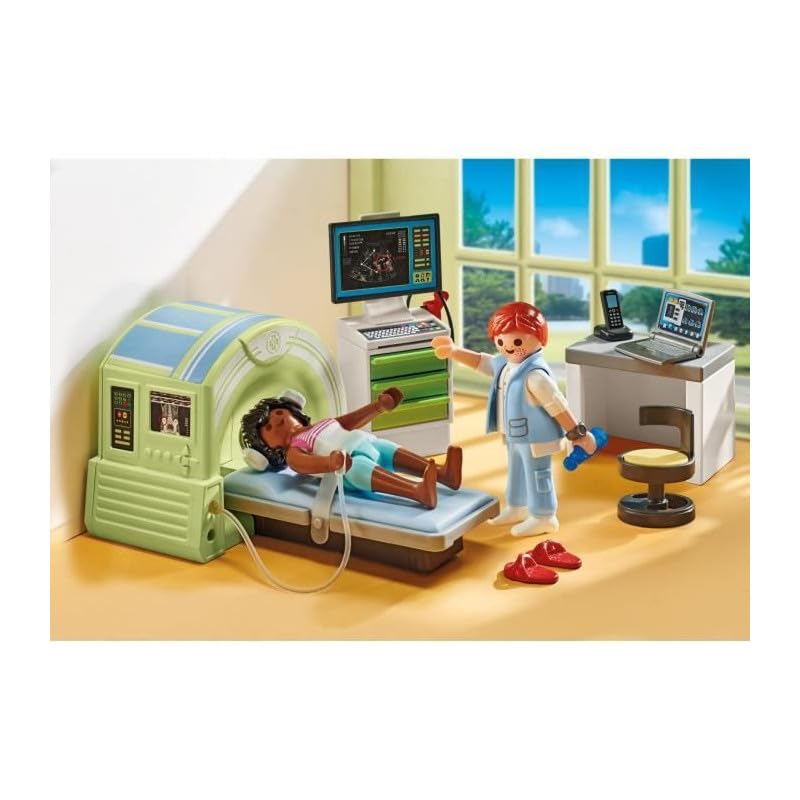 Playmobil MRI with Child: child listens to music for a soothing pretend procedure.