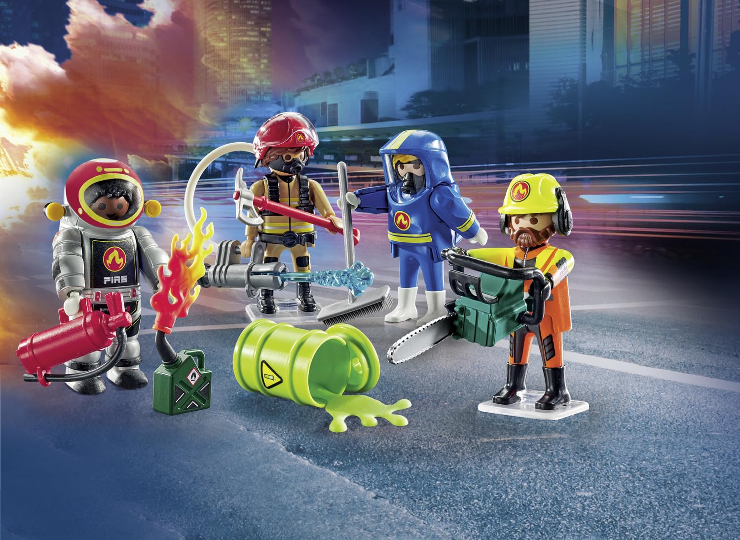 Playmobil My Figures Fire Brigade firefighter with ax ready for dynamic rescue scenes.