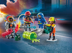 Playmobil My Figures Fire Brigade firefighter with ax ready for dynamic rescue scenes.