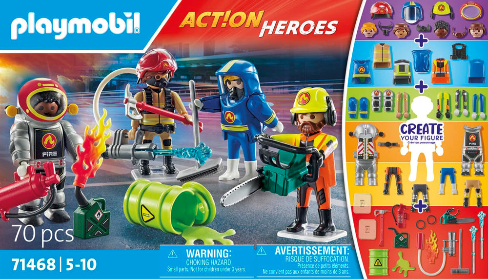 Playmobil My Figures Fire Brigade rescue team with fire hose ready to respond.