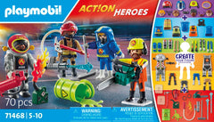 Playmobil My Figures Fire Brigade rescue team with fire hose ready to respond.
