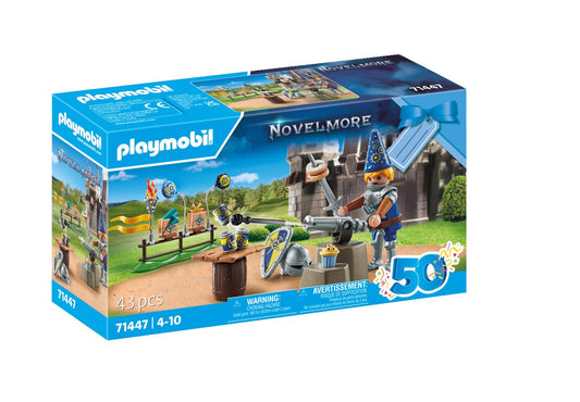 Playmobil Novelmore knight birthday cans ready for a playful target game.
