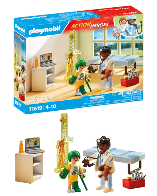 Playmobil pediatrician with Teddy Bear helps children feel secure during pretend checkups.