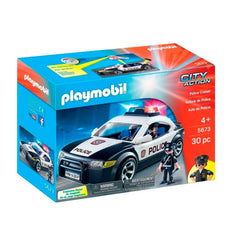 Playmobil Police Cruiser front view with flashing lights for realistic city patrol play.