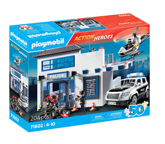 Playmobil police helicopter with landing platform for aerial patrol adventures.