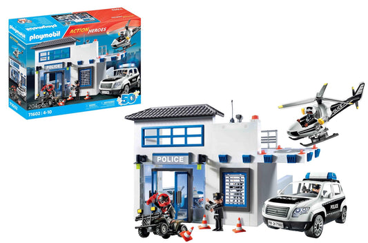 Playmobil police station front view for imaginative play and role-play scenarios.