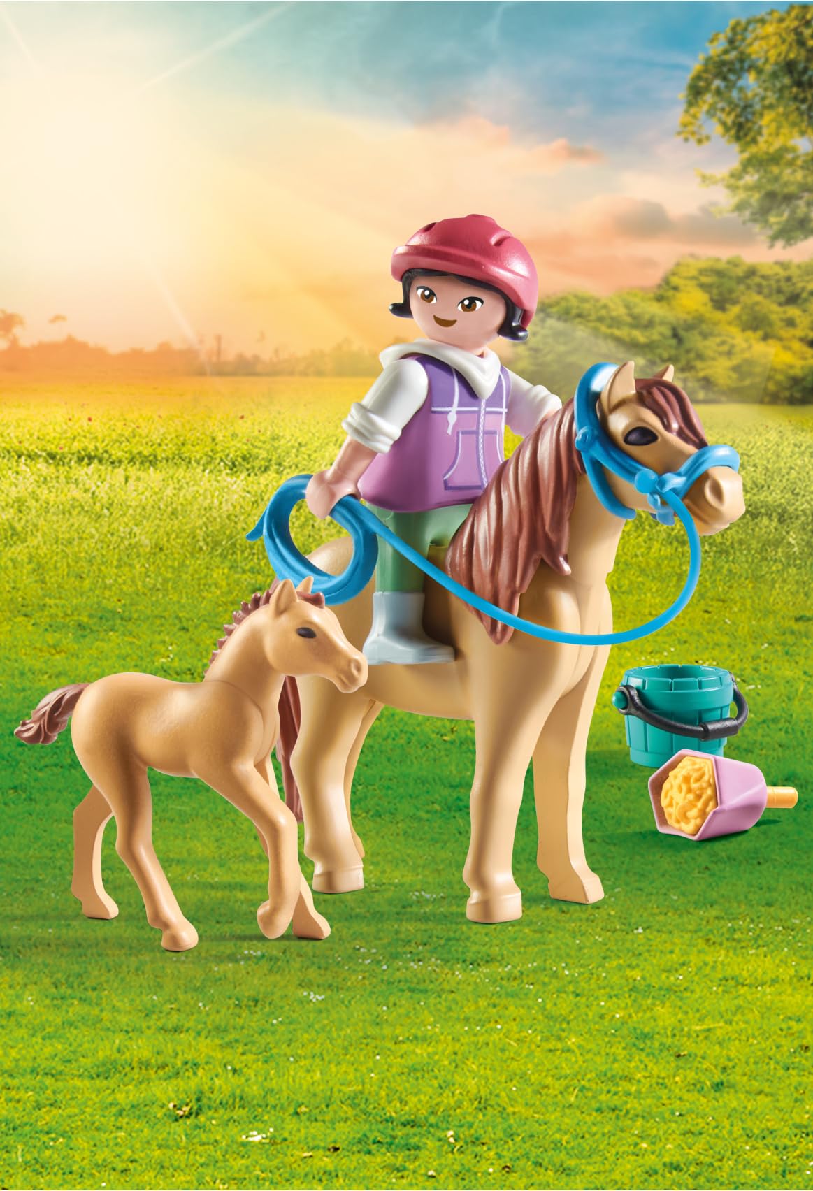 Playmobil pony and foal care scene promotes nurturing play.