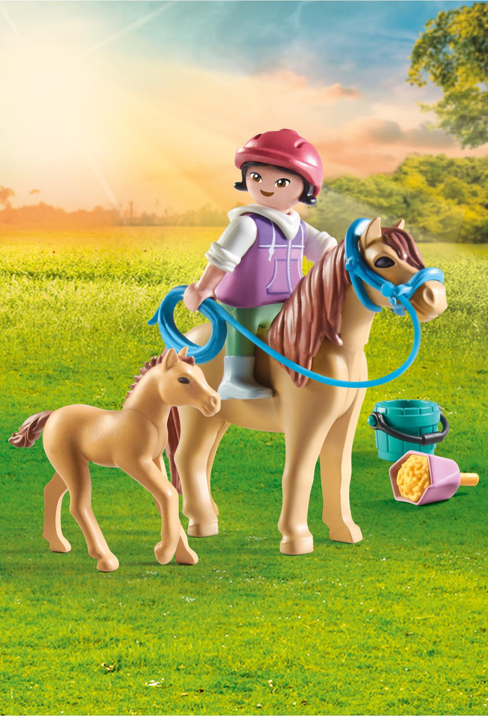 Playmobil pony and foal care scene promotes nurturing play.