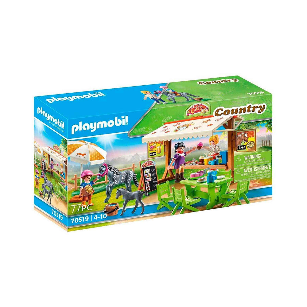 Playmobil Pony Café stand with desserts and drinks for imaginative play.