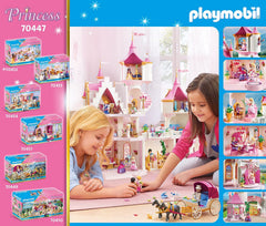 Playmobil Princess Castle tables, chairs, and planters add cozy household details.