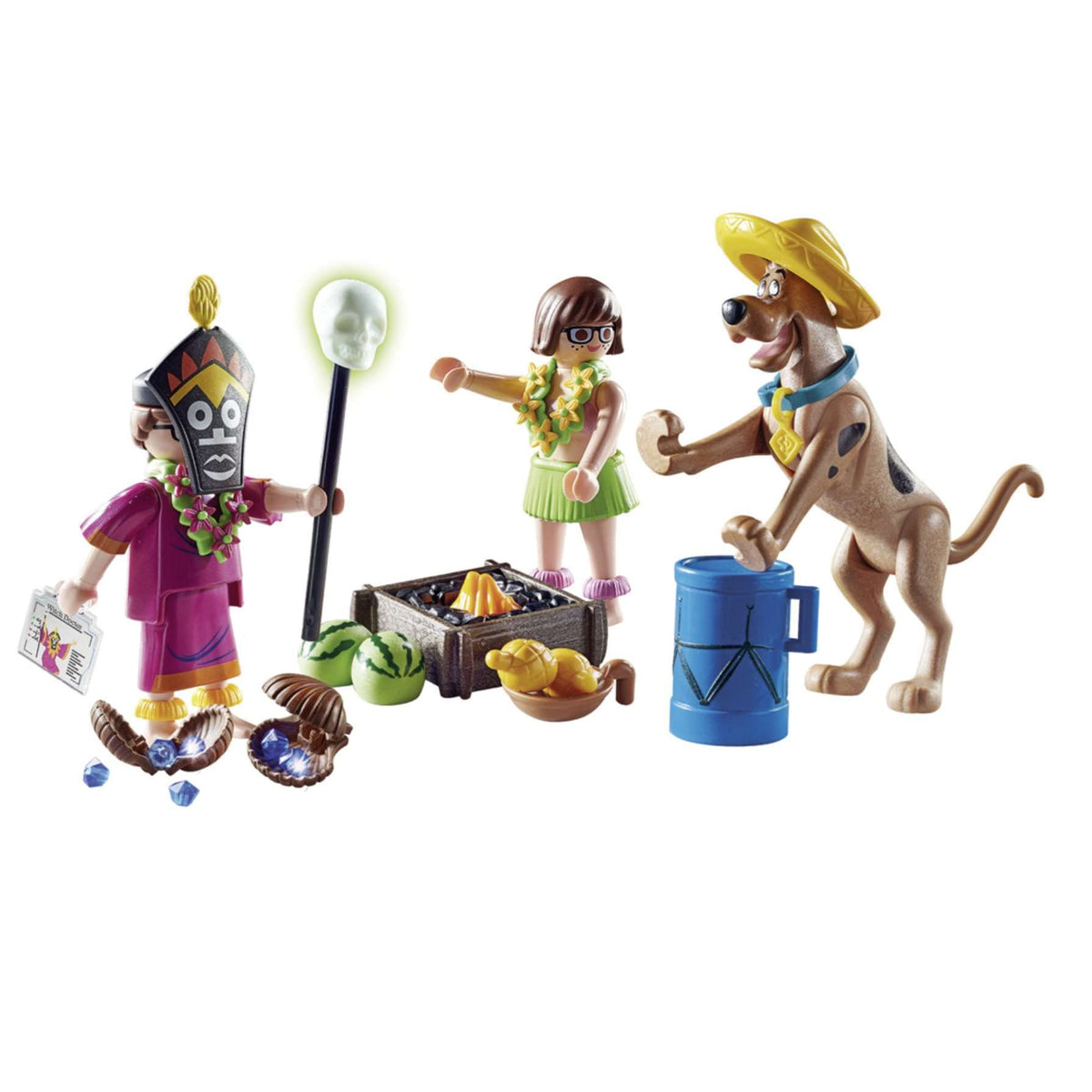 Playmobil Scooby-Doo Adventure Witch Doctor set featuring Scooby-Doo and Velma for mystery play.