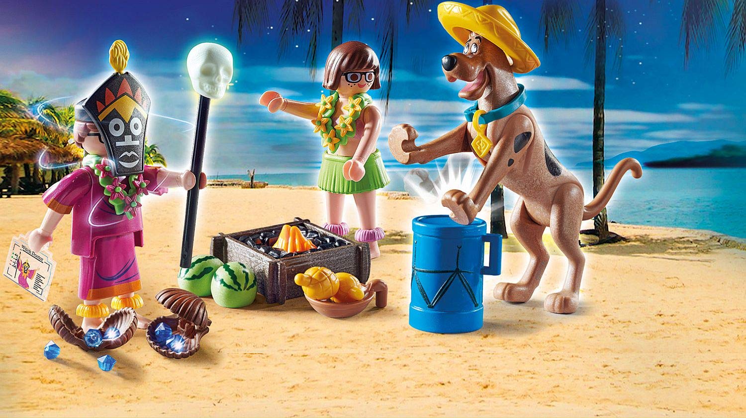 Playmobil Scooby-Doo dancing by the fire pit scene encouraging imaginative storytelling.
