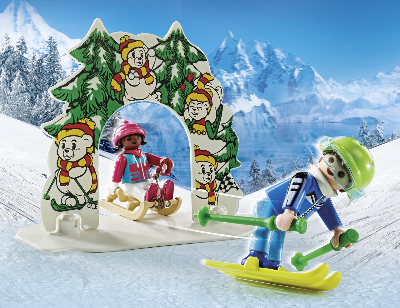 Playmobil Ski World four child figures with skis for practice.