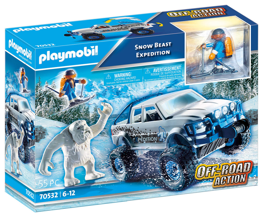 Playmobil Snow Beast Expedition vehicle navigating icy terrain with rugged tires.