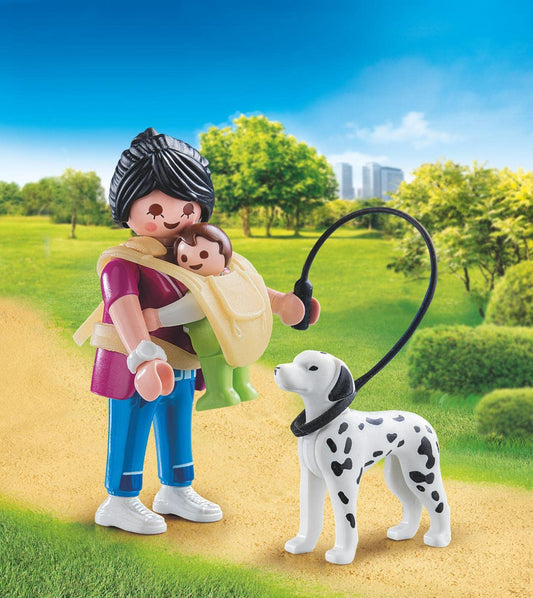 Playmobil Special Plus Mother with Baby and Dog figures supports nurturing role-play and storytelling.