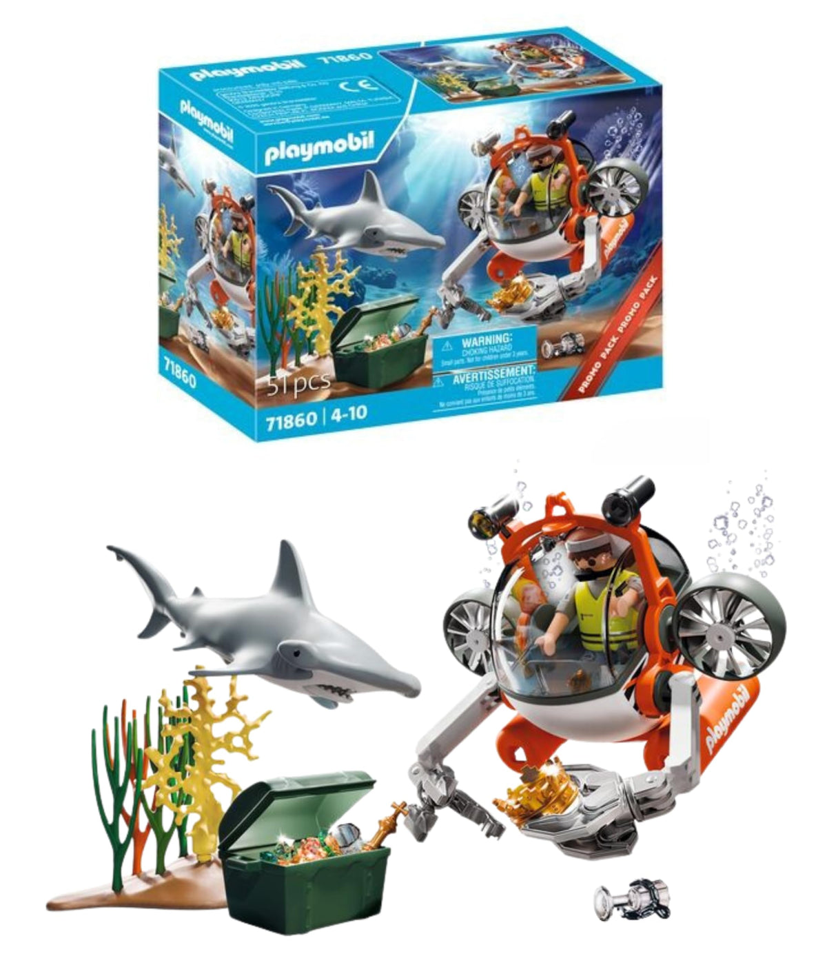 Playmobil Treasure Hunt with Submarine: adventurer exploring seabed treasure chest with submersible