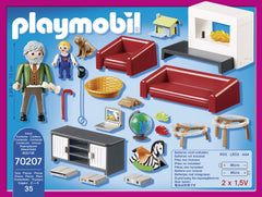 Playmobil two figures and side tables support social roleplay.