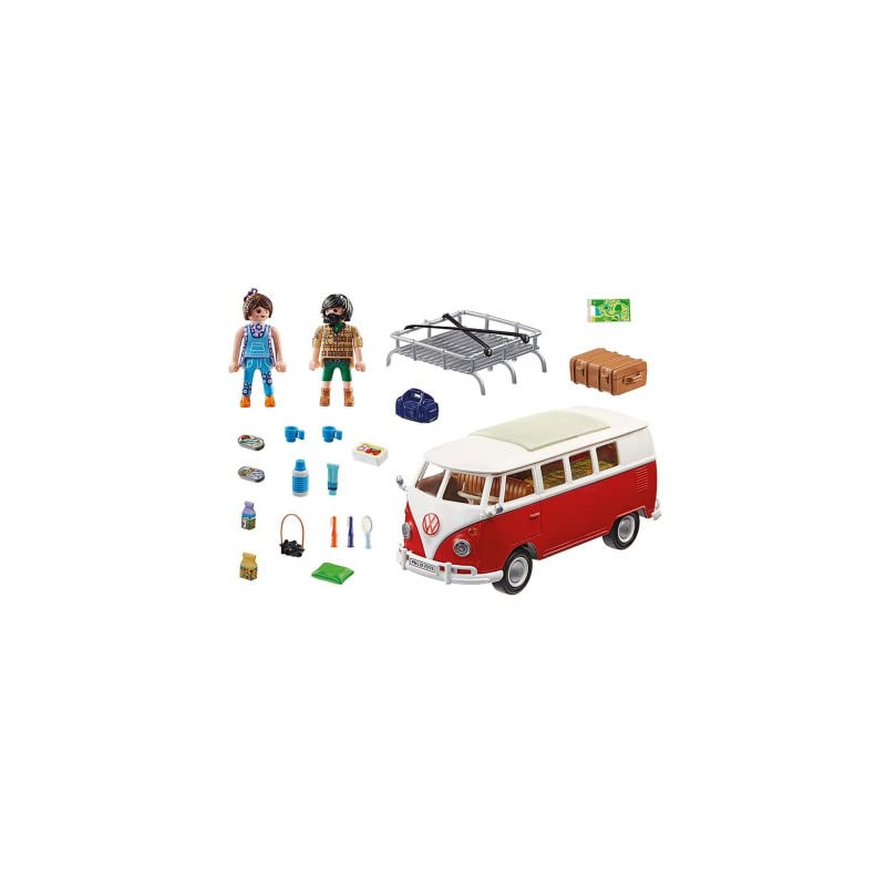 Playmobil Volkswagen T1 Camping Bus shows mini-kitchen and sleeping area for cozy road trips.