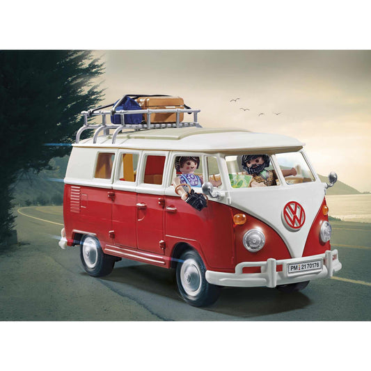 Playmobil Volkswagen T1 Camping Bus with side doors open, shelving for pretend pantry.