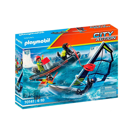 Playmobil Water Rescue with Dog: boat action rescuing a figure on waves.