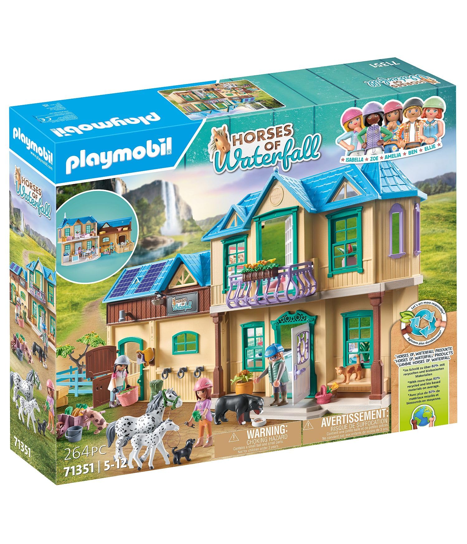 Playmobil Waterfall Ranch stable with horses encouraging care routines and grooming pretend