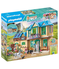 Playmobil Waterfall Ranch stable with horses encouraging care routines and grooming pretend