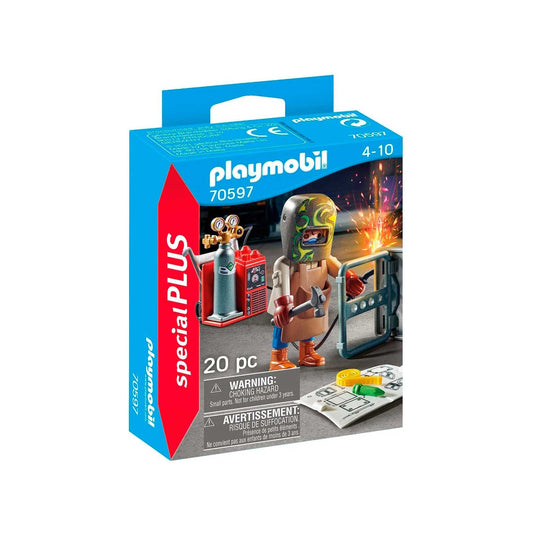 Playmobil welder figure wearing safety apron and shield for imaginative play.