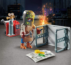 Playmobil table with folding legs supports quick setup for workshop scenes.