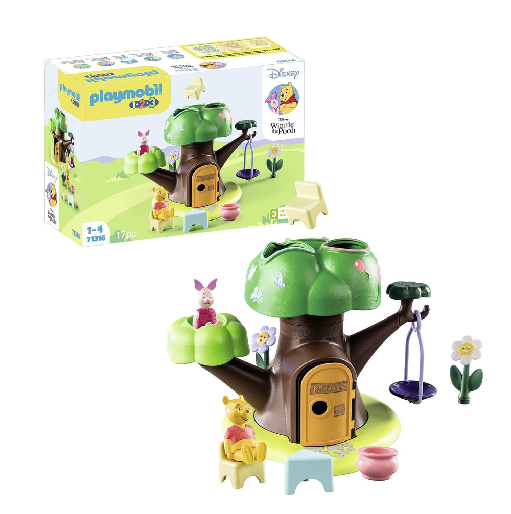 Playmobil Winnie's & Piglet's Tree House front view showing treetop sorting for fine motor skills.