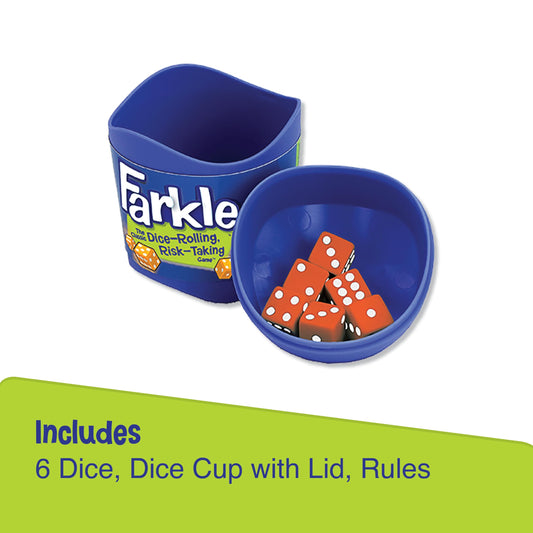 PlayMonster Farkle dice cups travel-ready image highlights easy setup for trips.