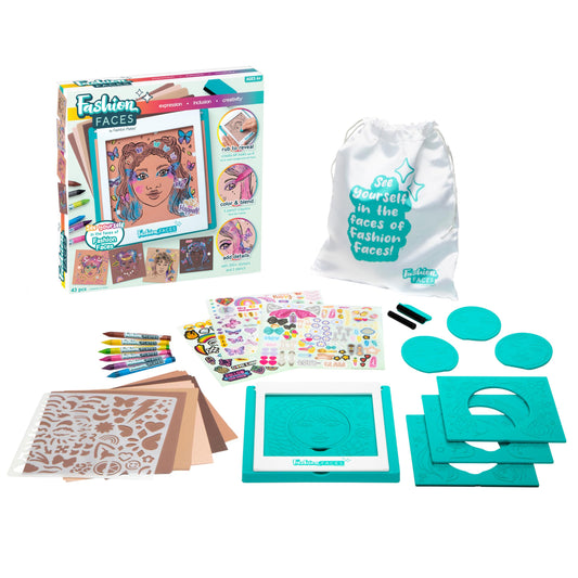 PlayMonster Fashion Faces crayon holder keeps outlines neat for steady rubbing.