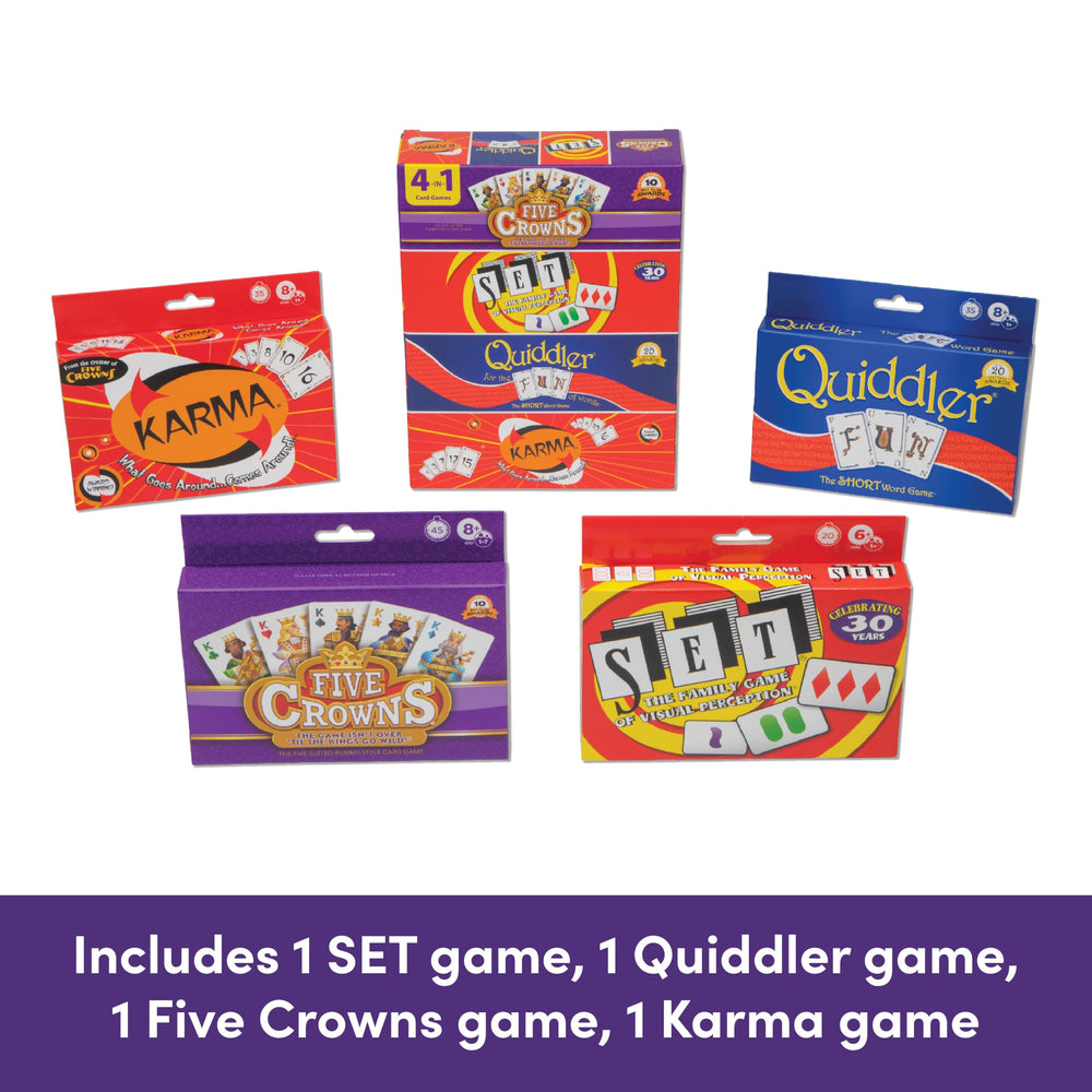 PlayMonster Five Crowns bundle cards spread on table showing rotating wilds and star suit