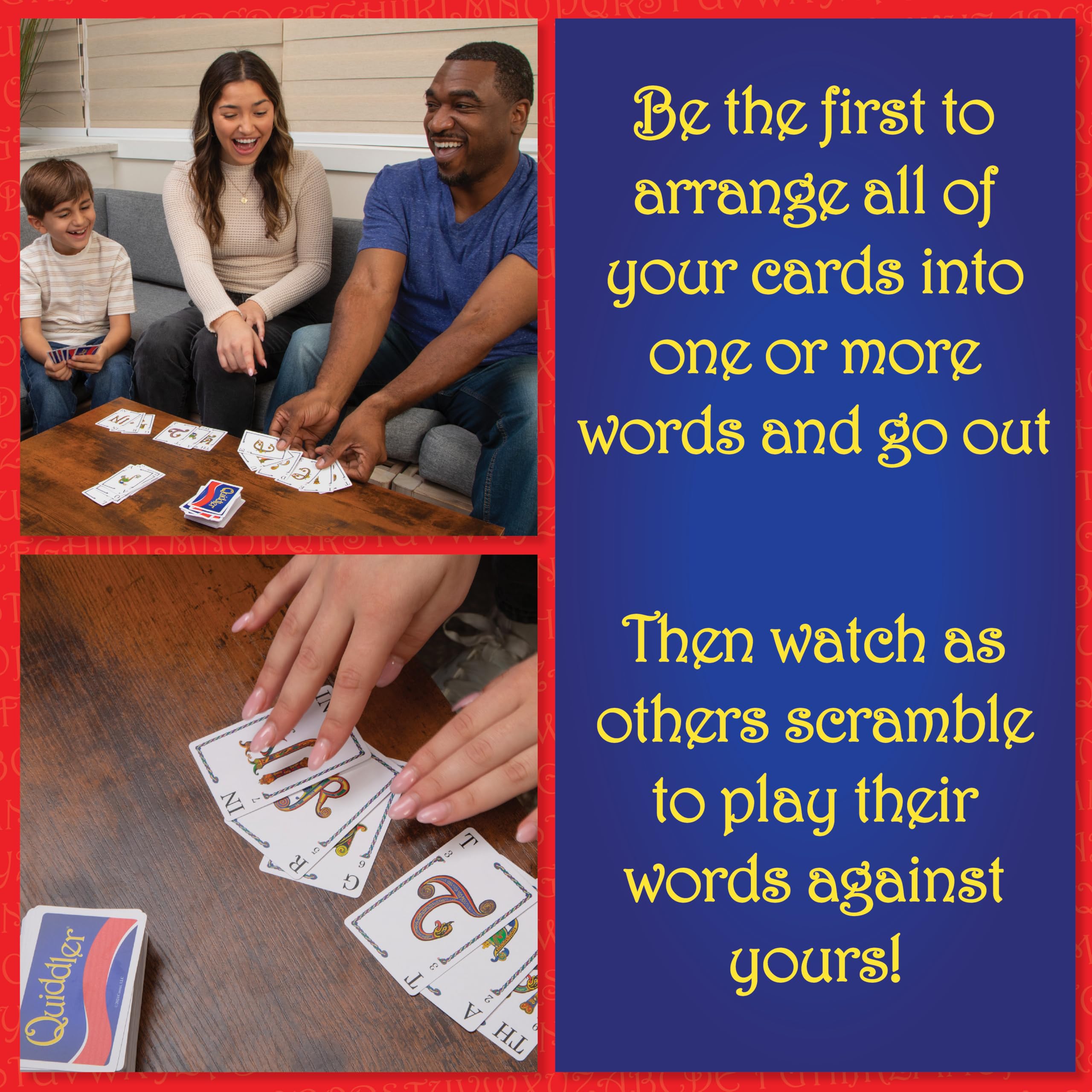 PlayMonster Quiddler hand-formation shows players crafting words for family fun.
