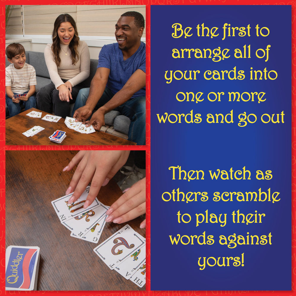 PlayMonster Quiddler hand-formation shows players crafting words for family fun.