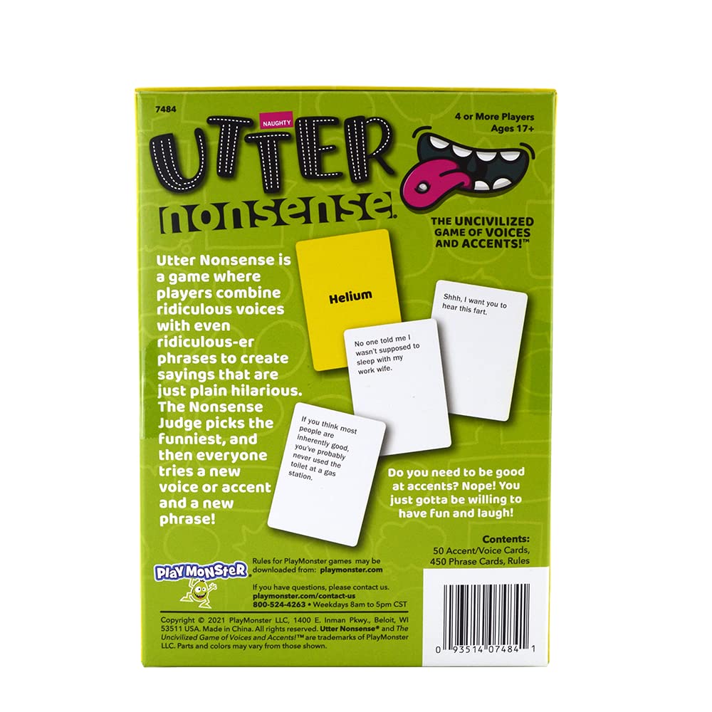 PlayMonster Utter Nonsense Naughty Edition accent prompts energize the table