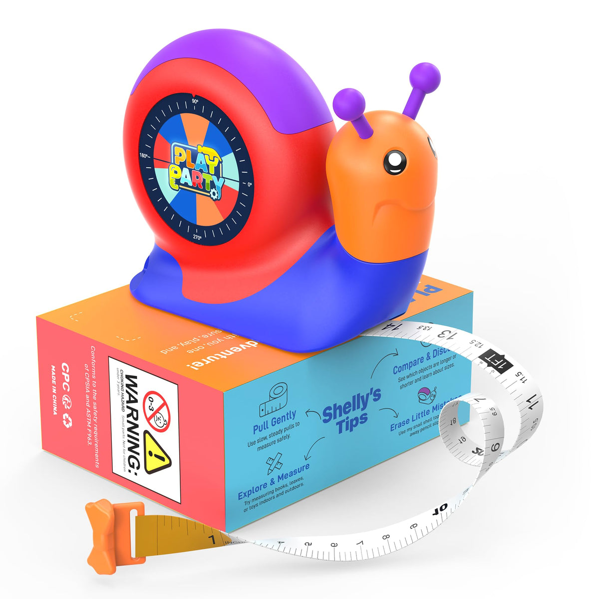 PLAYPARTY 8ft tape measure with blue snail design for safe kids' measurements.