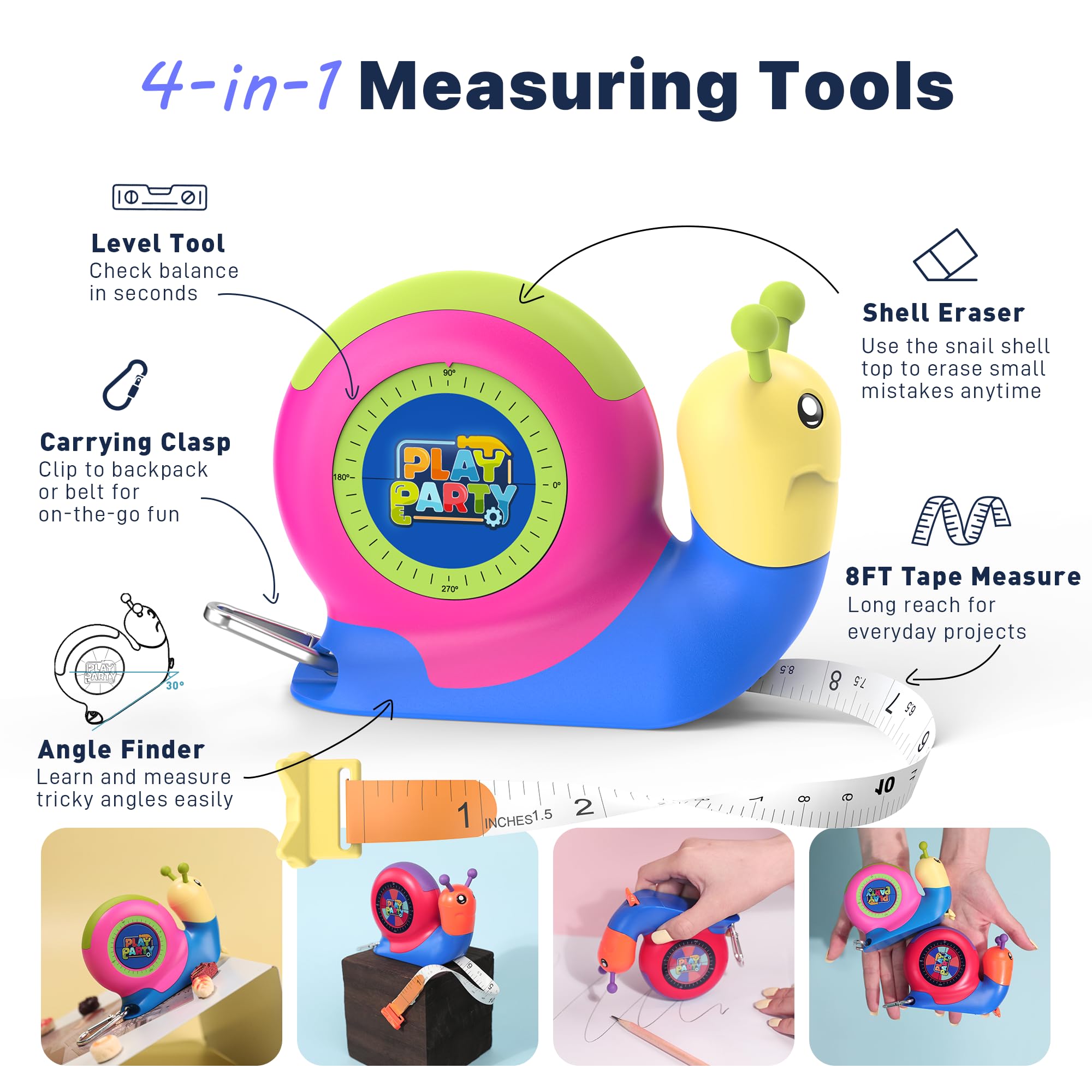 PLAYPARTY snail-shaped retractable tape extended for hands-on measurement adventures.