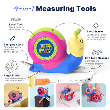 PLAYPARTY snail-shaped retractable tape extended for hands-on measurement adventures.