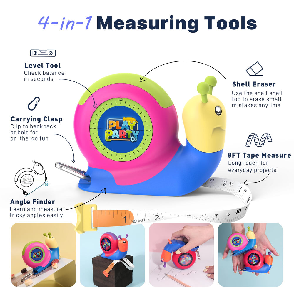 PLAYPARTY snail-shaped retractable tape extended for hands-on measurement adventures.