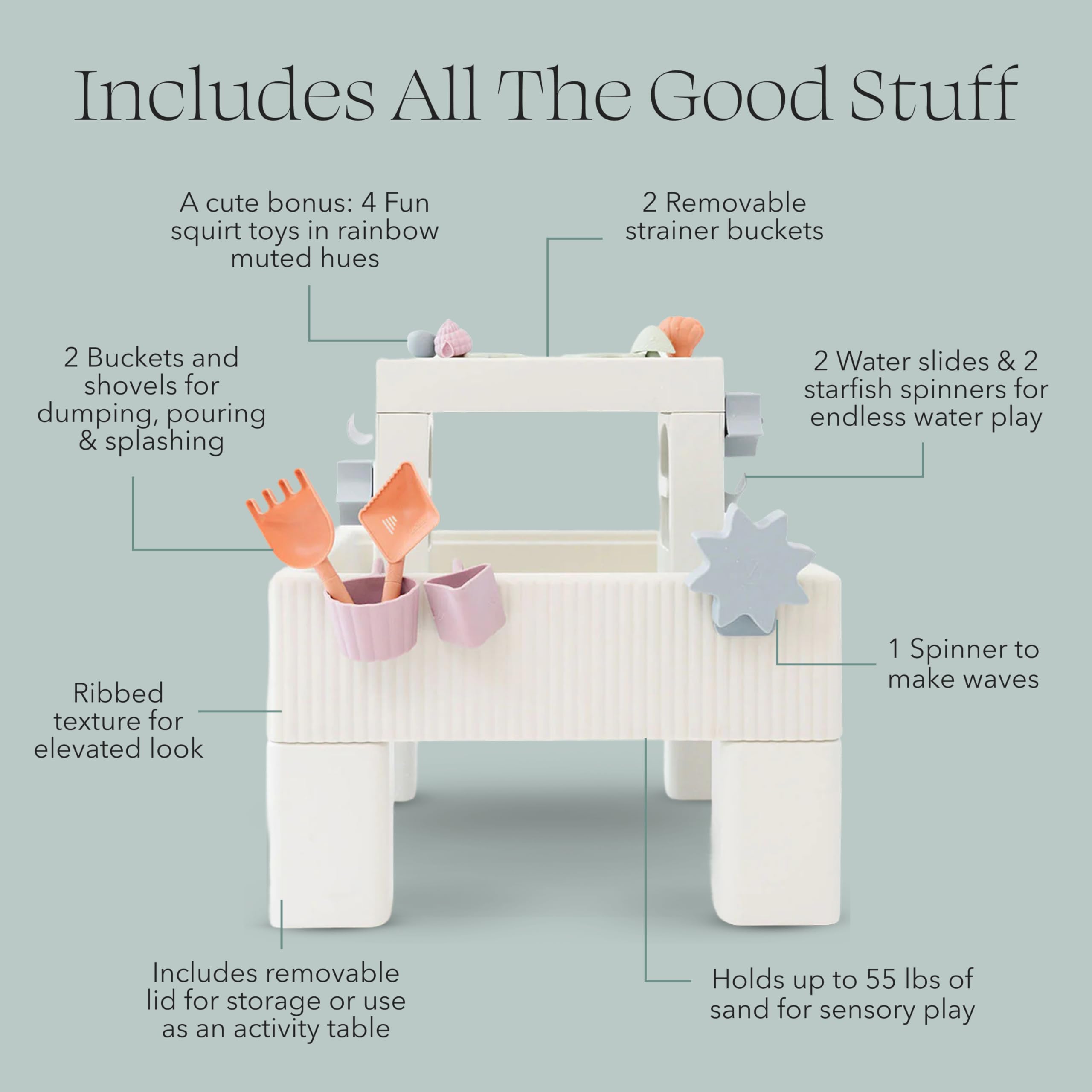 PLAYSMOL Tide Water table baskets keep scoops and shells neatly stored