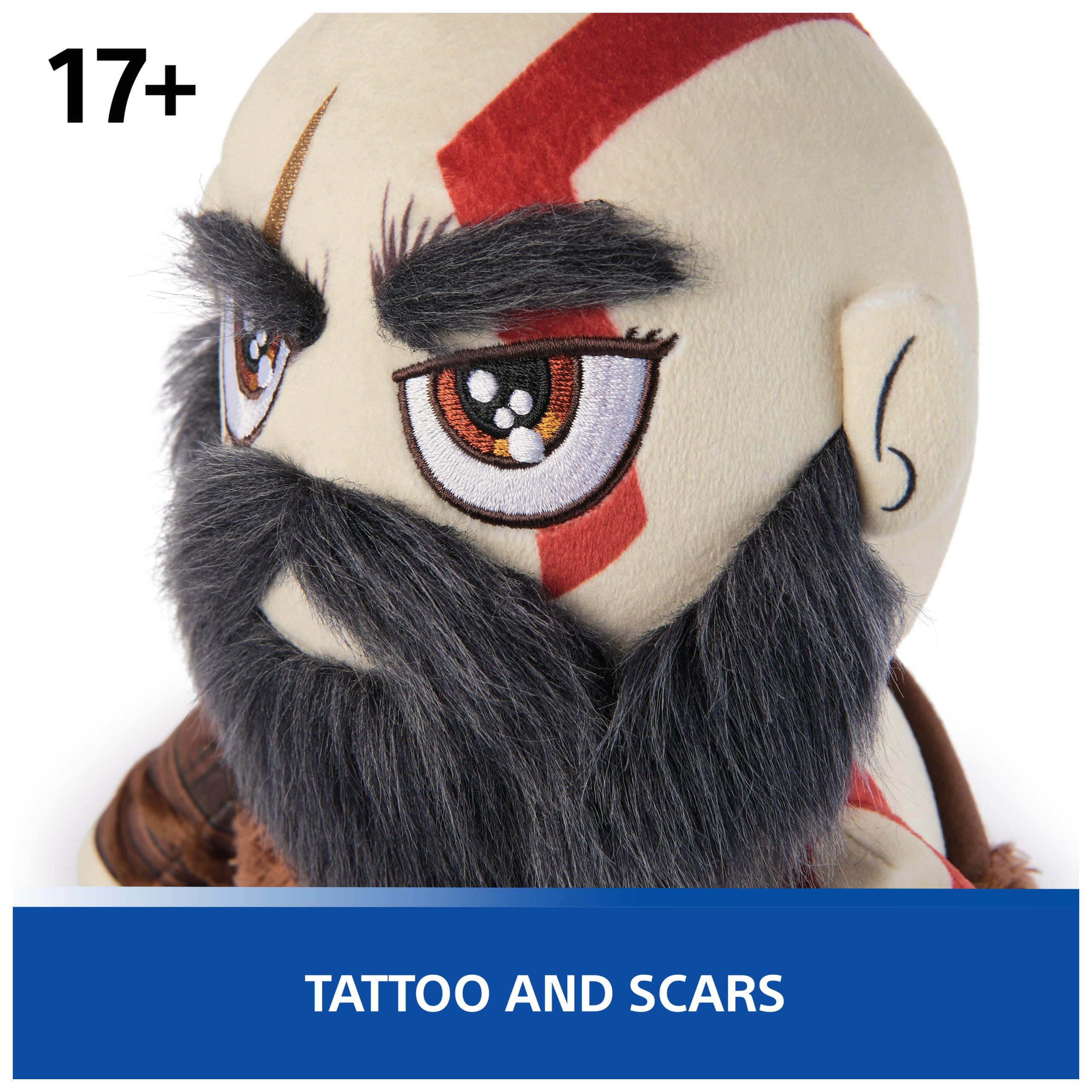 PlayStation Kratos plush showing arm guards texture and premium materials.