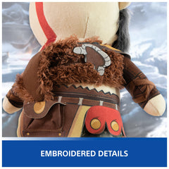 PlayStation Kratos plush beard and facial features close-up.