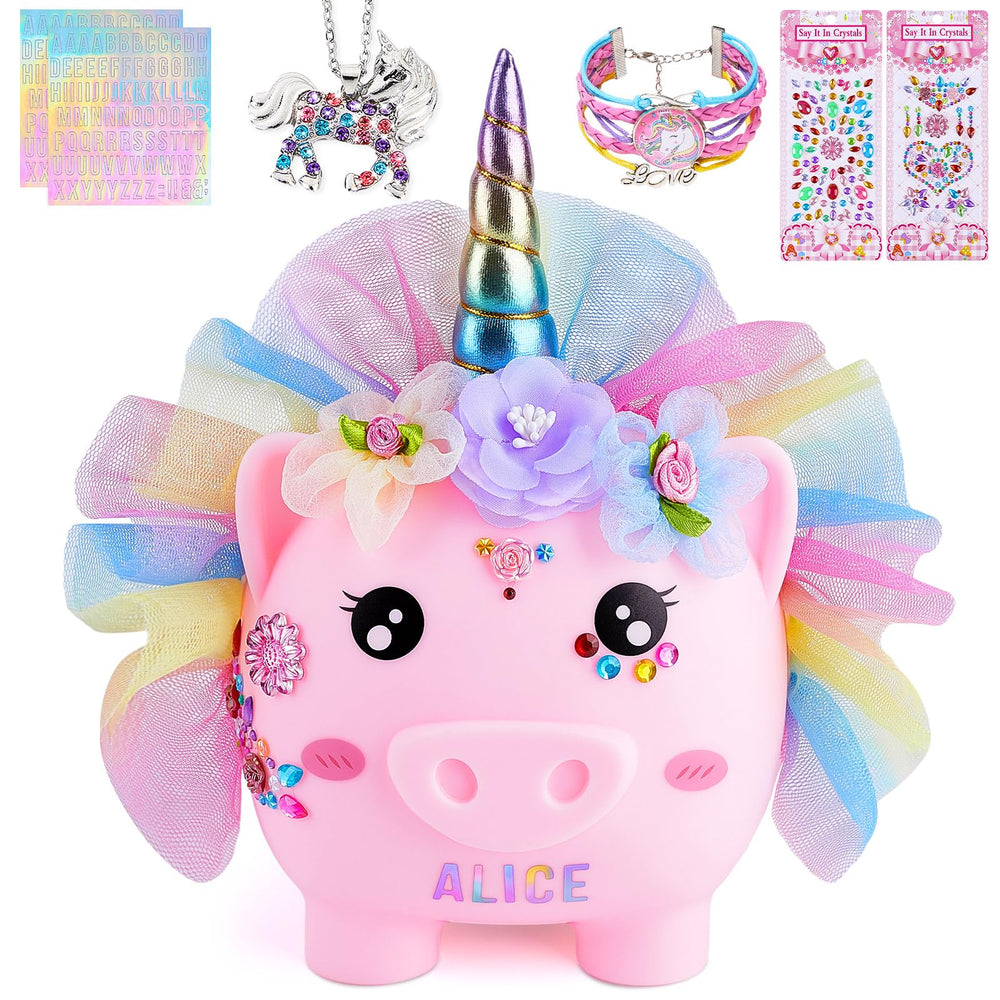 Play Tailor unicorn piggy bank with pink dress for imaginative saving sessions