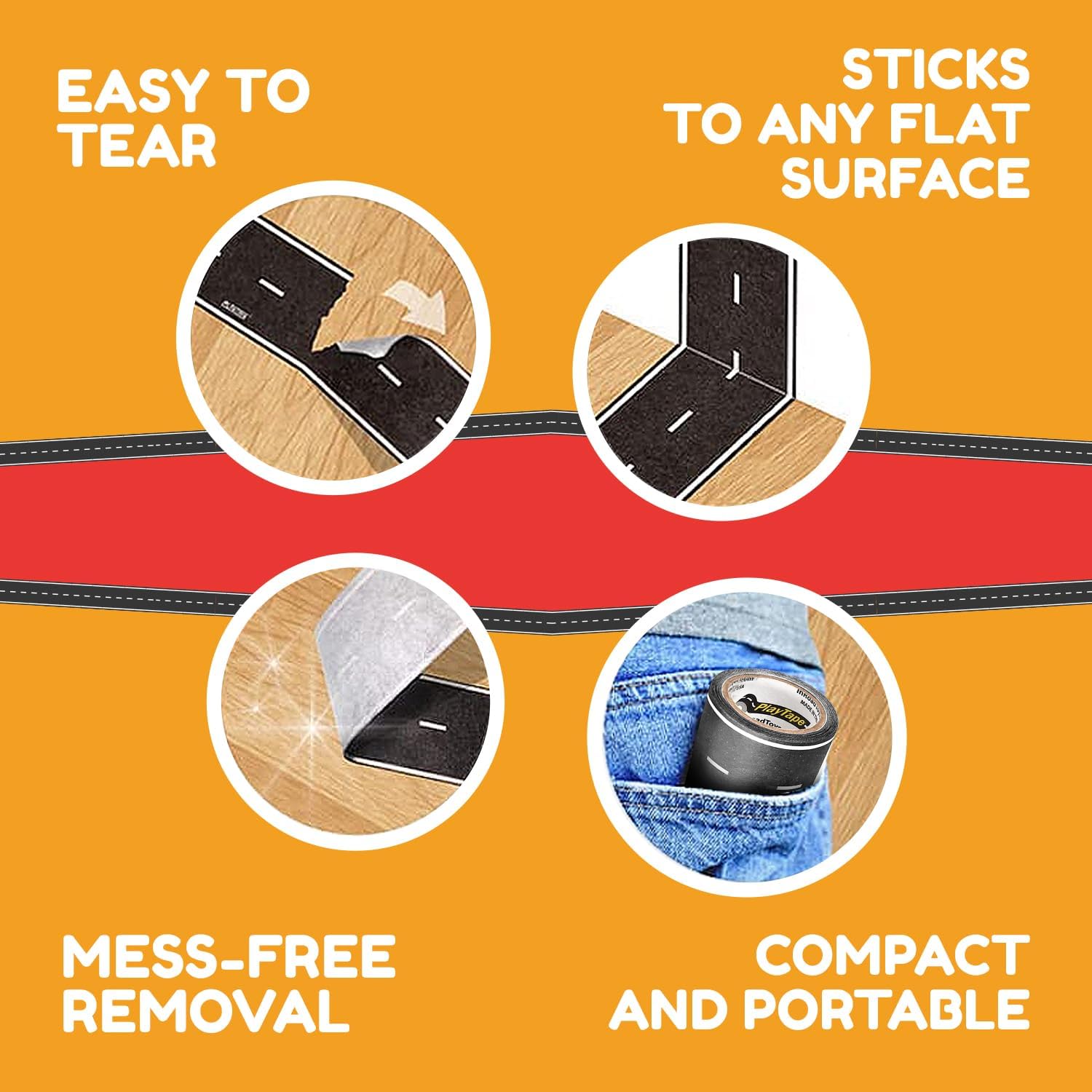 PlayTape sticks to flat surfaces for stable road layouts.