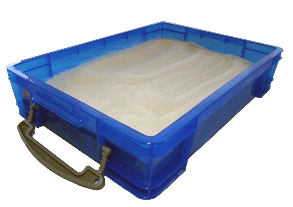PlayTherapySupply sand tray with lid open for portable sessions.