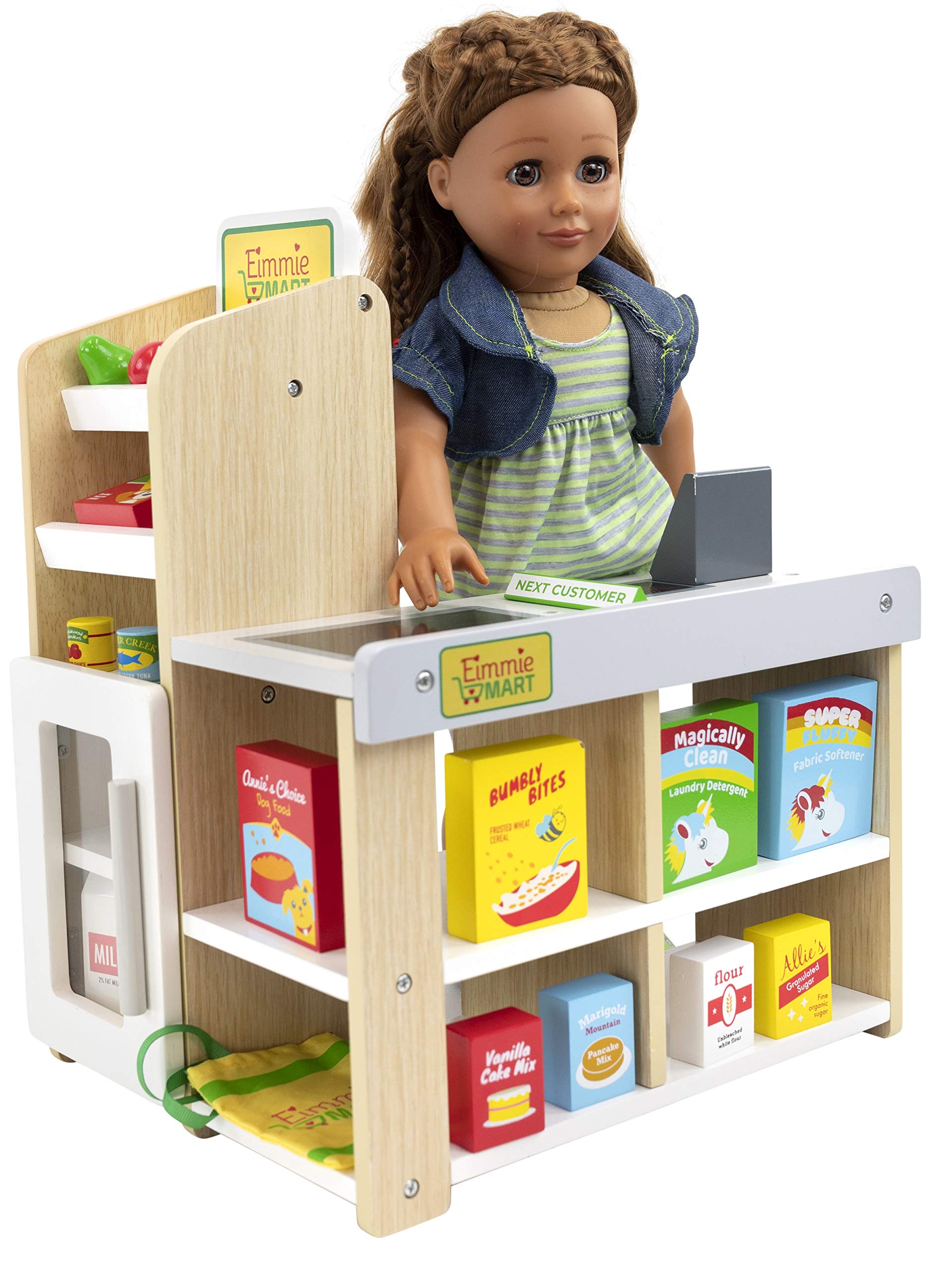 Playtime by Eimmie grocery-store shelf with wooden items for imaginative shopping.