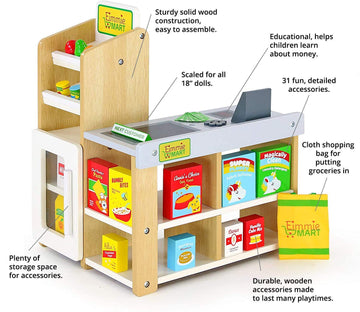 Playtime by Eimmie mart bag held by doll for realistic checkout play.