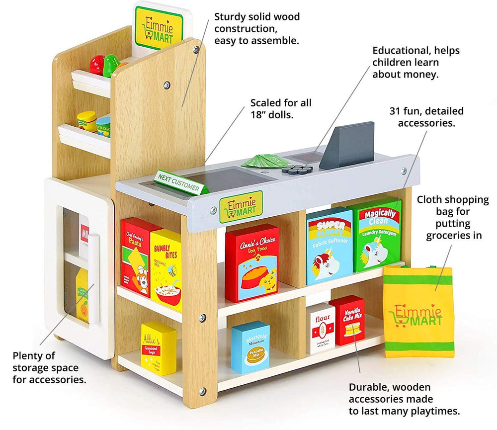 Playtime by Eimmie mart bag held by doll for realistic checkout play.