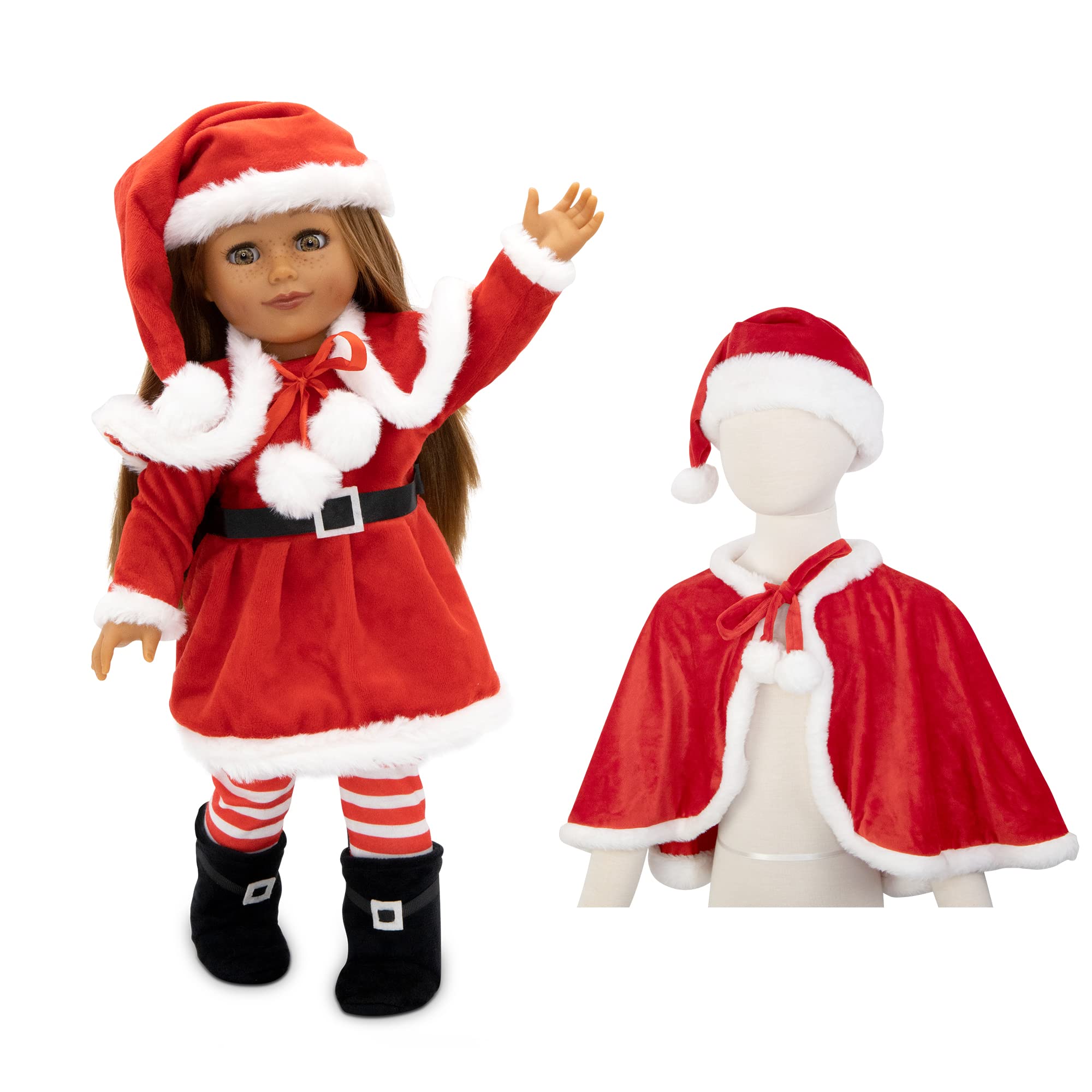 Playtime by Eimmie Santa dress with leggings for 18-inch dolls, ideal festive wardrobe.