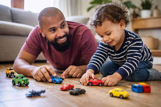Man and child playing with toy cars on a wooden floor in a living room.